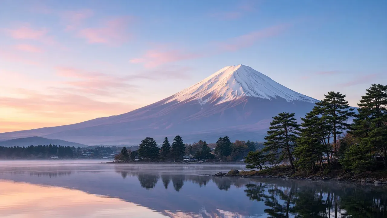 Grok Botで生成した富士山のサンプル画像（湖面に映る雪化粧の山と朝焼け）